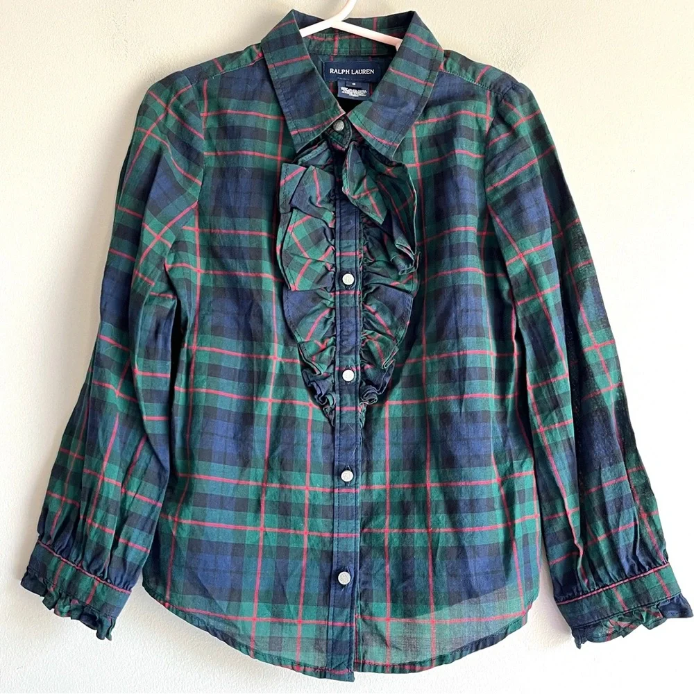 Ralph Lauren green red tartan plaid button front ruffle blouse girls 6 holiday